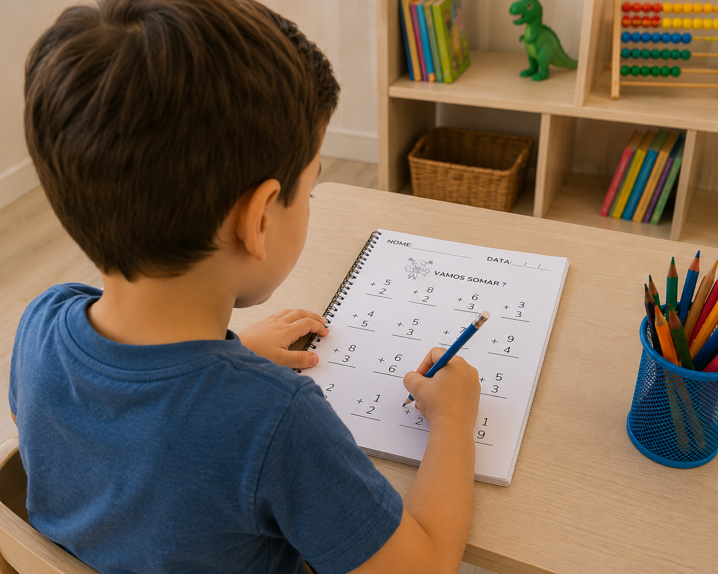 Menino realizando uma atividade de matemática do material educativo
